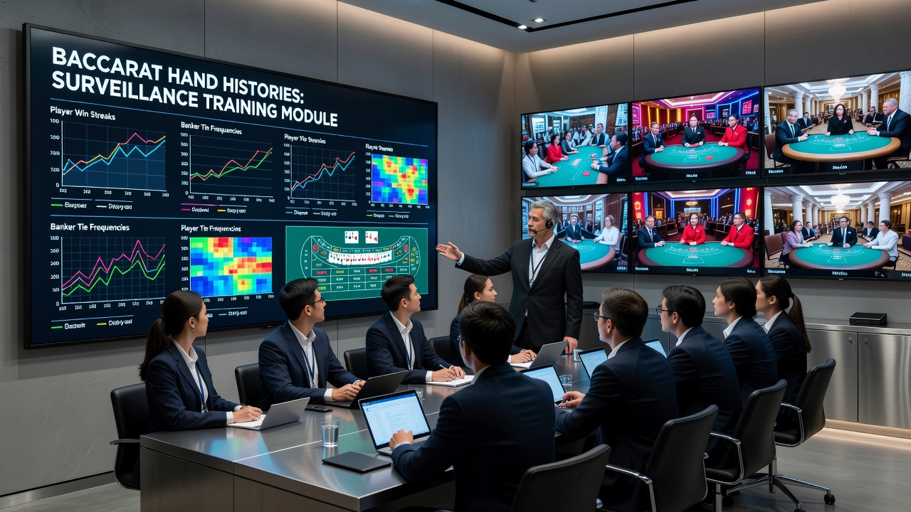 Analysten bei der Auswertung von Baccarat-Handhistorien an mehreren Monitoren in einem Überwachungszentrum