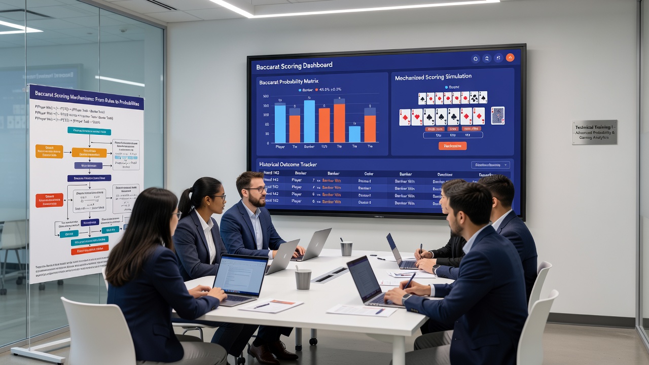 Teilnehmende an einem technischen Institut bei der Analyse von Baccarat-Handwahrscheinlichkeiten mit Diagrammen und Simulationssoftware