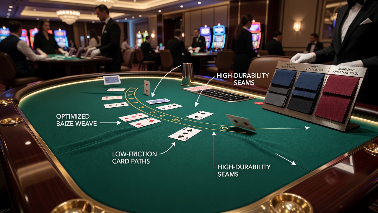 Nahaufnahme eines Baccarat-Tisches mit Karten und Stofftextur während einer laufenden Partie