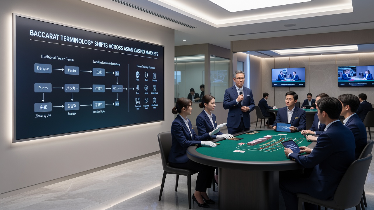 Dealer während eines Trainings in einem asiatischen Casino mit Karten und Protokollen