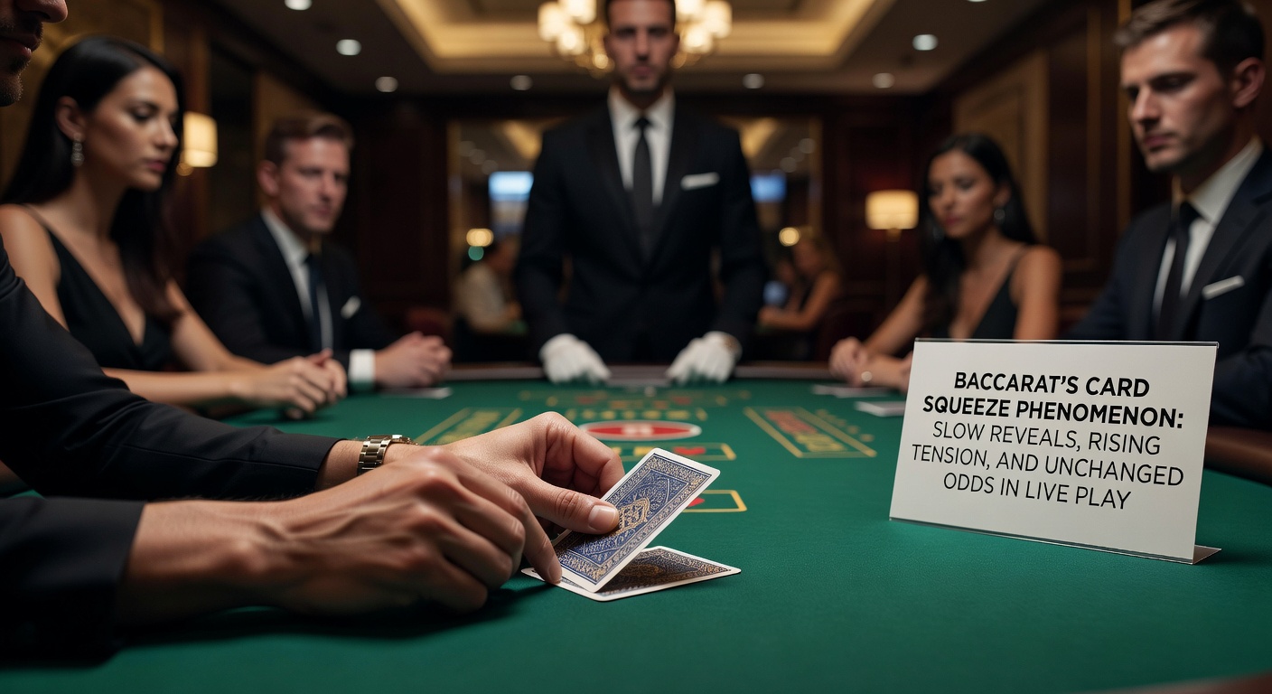 Nahaufnahme einer Baccarat-Hand, bei der eine Karte langsam enthüllt wird, mit Chips-Stapeln im Hintergrund
