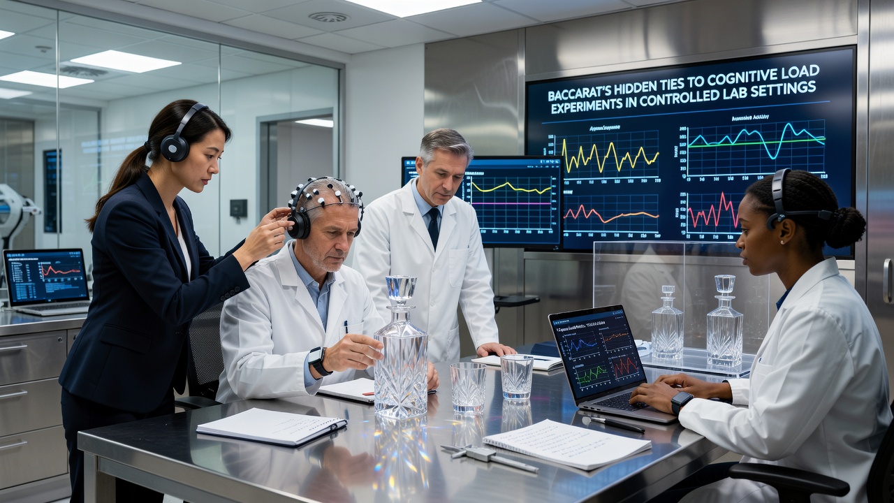 Detailaufnahme von EEG-Kappen und Karten auf einem Labortisch während eines Baccarat-Experiments