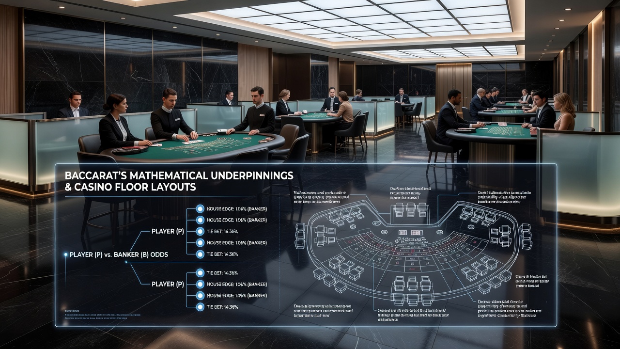 Casino-Bodenplan mit markierten Baccarat-Zonen und mathematischen Overlay-Daten