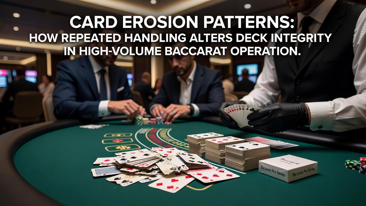 Vergleich neuer und abgenutzter Baccarat-Karten mit Fokus auf Kanten und Oberflächenstruktur in einem Casino-Setting