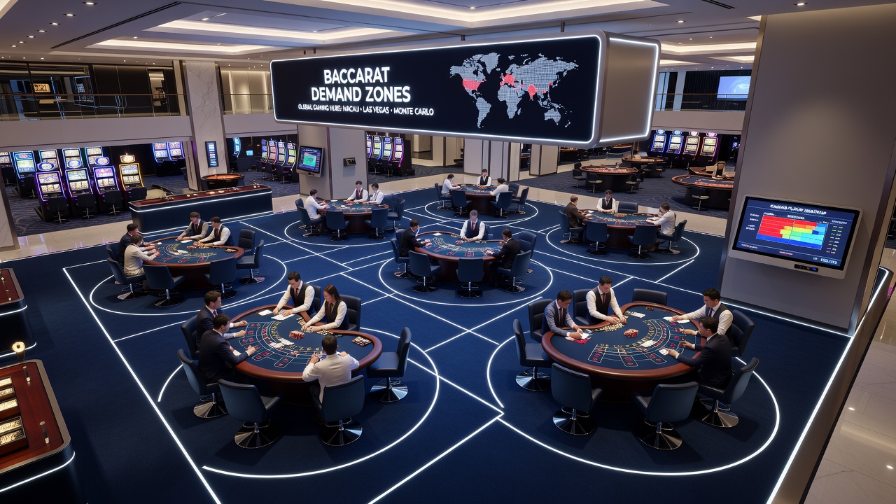 Detailansicht eines Baccarat-Pit-Bereichs mit angepasster Beleuchtung und breiten Gängen in einem internationalen Casino