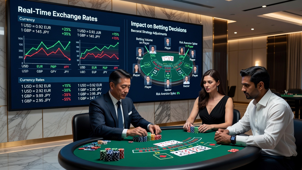 Blick auf Währungsumrechnungs-Apps und Casino-Chips während einer Baccarat-Session in einem grenzüberschreitenden Spielsaal