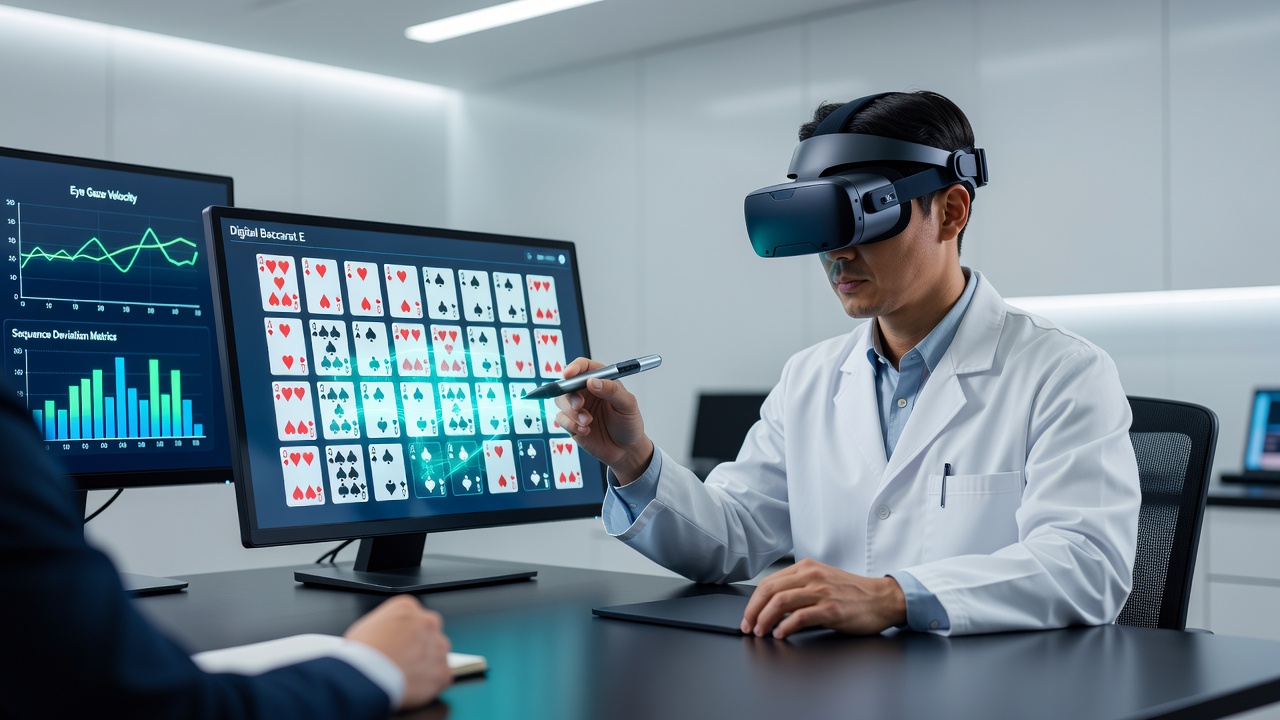 Detailansicht einer VR-Brille mit Overlay-Elementen während einer Baccarat-Sequenzverfolgung