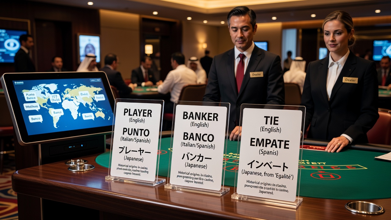 Mehrsprachige Baccarat-Tische mit Händlern und internationalen Spielern