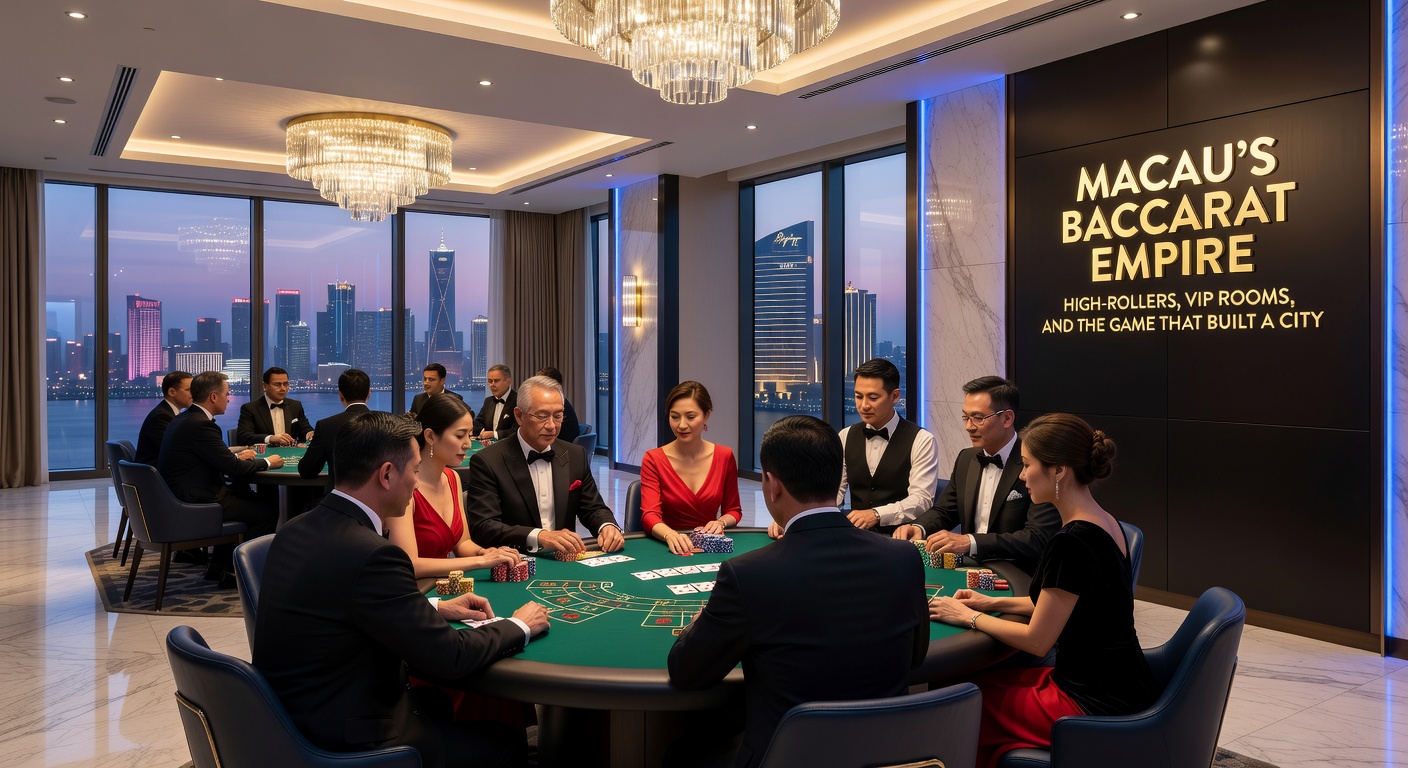 Panoramablick auf die glitzernde Skyline von Macau bei Nacht mit beleuchteten Casinos und dem ikonischen Lisboa-Turm im Vordergrund