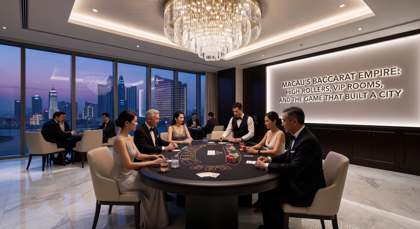 Luxuriöser VIP-Raum in einem Macau-Casino mit polierten Tischen, privaten Lounges und diskretem Personal im Hintergrund
