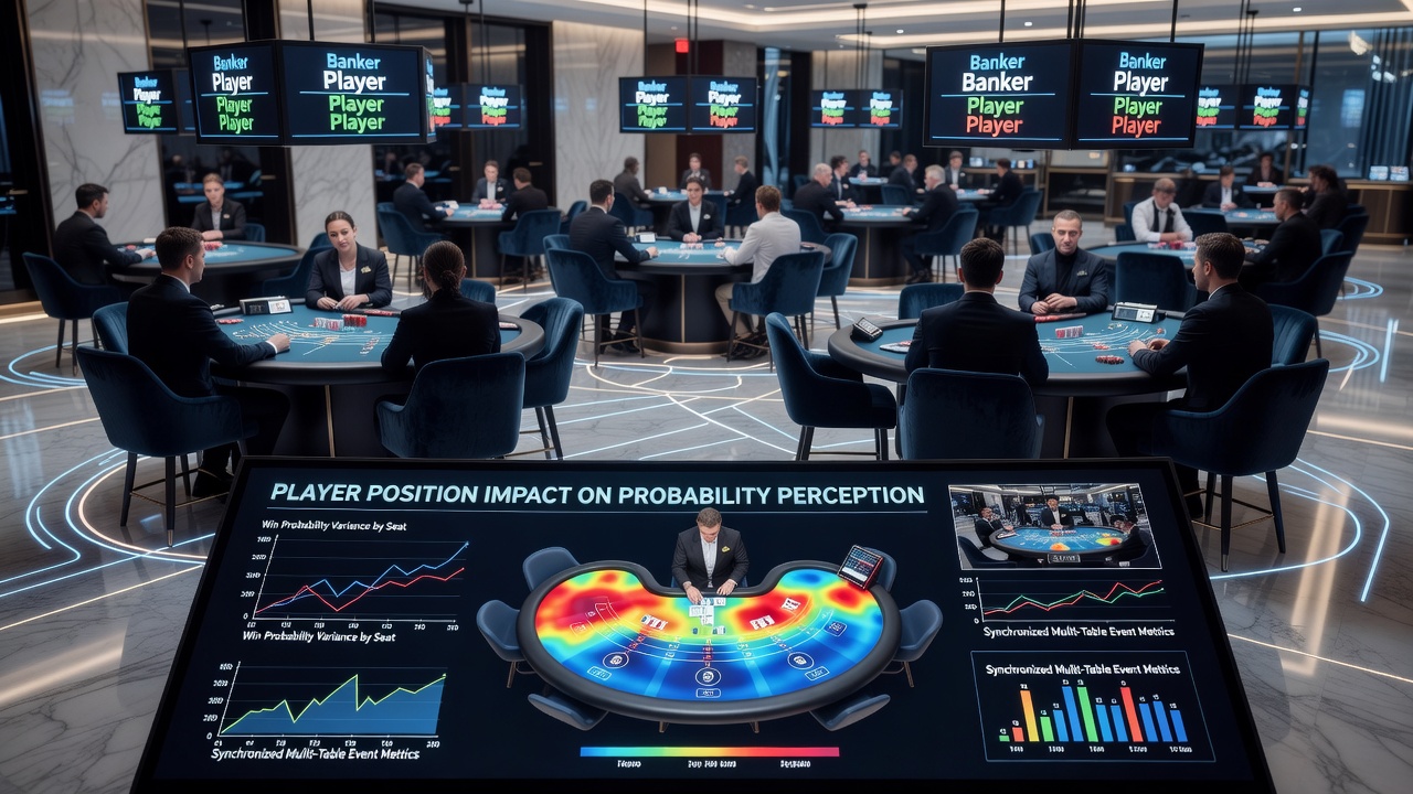 Detailansicht von Baccarat-Tischen mit Spielern in unterschiedlichen Positionen während eines synchronisierten Events