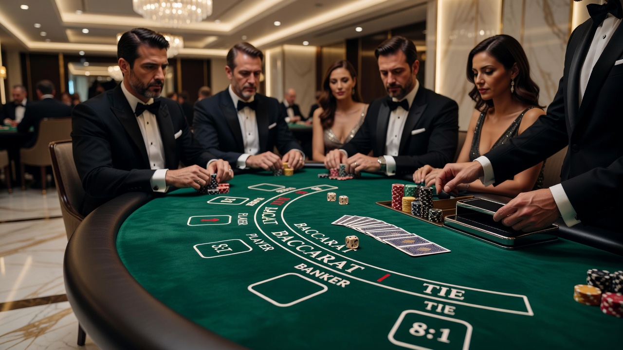 Nahaufnahme eines Baccarat Tisches mit rotem Filz und Spielkarten unter gedämpfter Beleuchtung